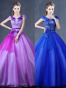 New Style Short Sleeves Lace Up Floor Length Lace and Appliques Quinceanera Gown