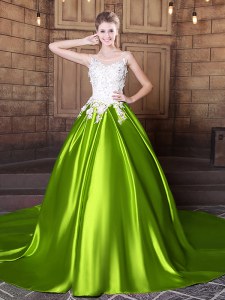 Pretty Scoop Yellow Green Lace Up 15 Quinceanera Dress Lace and Appliques Sleeveless With Train Court Train