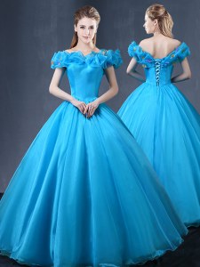 New Style Off the Shoulder Appliques Quince Ball Gowns Baby Blue Lace Up Cap Sleeves Floor Length