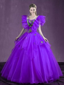 Organza Sweetheart Sleeveless Lace Up Appliques and Ruffles Sweet 16 Quinceanera Dress in Purple