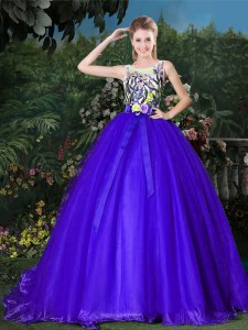 Delicate Brush Train Ball Gowns Quinceanera Gowns Blue Scoop Organza Sleeveless Zipper