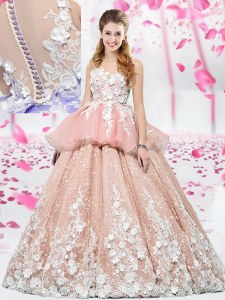 Scoop Floor Length Lace Up Quinceanera Dresses Pink for Military Ball and Sweet 16 and Quinceanera with Lace and Appliques