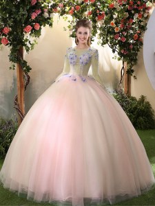 Peach Tulle Lace Up Scoop Long Sleeves Floor Length Sweet 16 Dresses Appliques