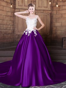Custom Fit Purple Ball Gown Prom Dress Military Ball and Sweet 16 and Quinceanera and For with Lace and Appliques Scoop Sleeveless Court Train Lace Up