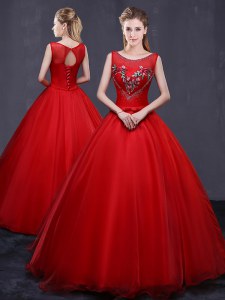 Scoop Red Sleeveless Floor Length Beading and Embroidery Lace Up Vestidos de Quinceanera