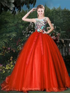 Custom Designed Scoop Appliques and Belt Quinceanera Gowns Red Zipper Sleeveless Brush Train