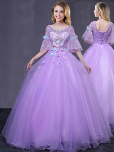 Dramatic Scoop Lavender Half Sleeves Tulle Lace Up Vestidos de Quinceanera for Military Ball and Sweet 16 and Quinceanera