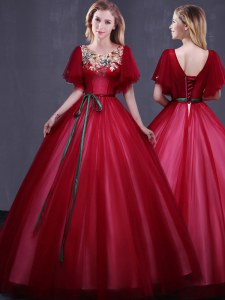 Scoop Wine Red Short Sleeves Floor Length Appliques and Belt Lace Up Quinceanera Dress