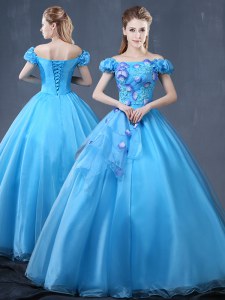 Gorgeous Off the Shoulder Floor Length Baby Blue 15 Quinceanera Dress Organza Short Sleeves Appliques