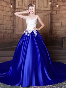 Clearance Scoop Elastic Woven Satin Sleeveless With Train Quinceanera Gowns Court Train and Appliques