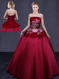Charming Wine Red Satin Lace Up Quince Ball Gowns Sleeveless Floor Length Embroidery