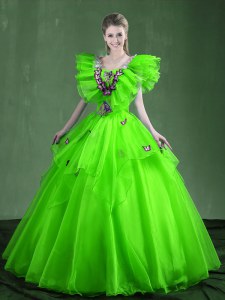 Wonderful Ball Gowns Organza Sweetheart Sleeveless Appliques and Ruffles Floor Length Lace Up Sweet 16 Dresses