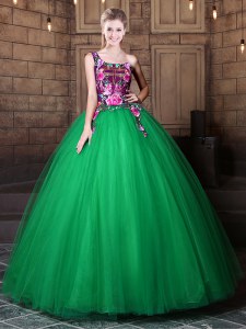 Dazzling Floor Length Green Sweet 16 Dress One Shoulder Sleeveless Lace Up