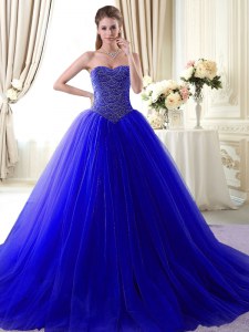 With Train Ball Gowns Sleeveless Royal Blue Quince Ball Gowns Brush Train Lace Up