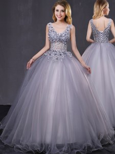 Tulle Sleeveless Lace Up Appliques Sweet 16 Dress in Grey