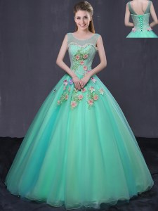 Organza Scoop Sleeveless Lace Up Beading and Appliques Quinceanera Gown in Turquoise