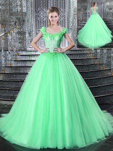 Eye-catching Straps Sleeveless Vestidos de Quinceanera With Brush Train Beading and Appliques Apple Green Tulle