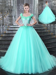 Straps Tulle Sleeveless With Train Quinceanera Gowns Brush Train and Beading and Appliques