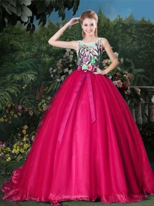 Brush Train Ball Gowns Quinceanera Dress Hot Pink Scoop Organza Sleeveless Zipper