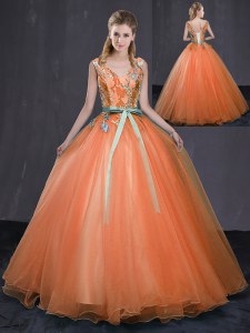 Delicate V-neck Sleeveless Lace Up Quinceanera Gowns Orange Tulle