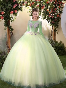 Sexy Scoop Floor Length Light Yellow Quinceanera Dress Tulle Long Sleeves Appliques