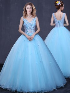 Inexpensive Floor Length Ball Gowns Sleeveless Light Blue 15th Birthday Dress Lace Up