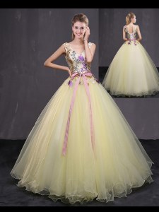Low Price Floor Length Light Yellow Quinceanera Dresses Tulle Sleeveless Appliques and Belt