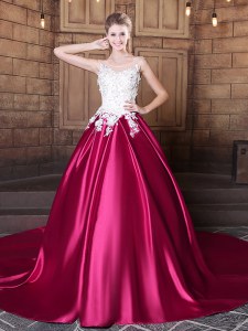 Scoop Lace and Appliques Vestidos de Quinceanera Hot Pink Lace Up Sleeveless Court Train