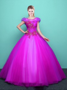 Discount Scoop Floor Length Ball Gowns Short Sleeves Fuchsia Vestidos de Quinceanera Lace Up
