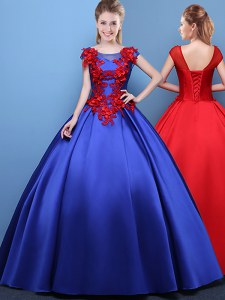 Scoop Royal Blue Cap Sleeves Satin Lace Up Vestidos de Quinceanera for Military Ball and Sweet 16 and Quinceanera