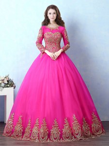 Scoop Fuchsia Lace Up 15 Quinceanera Dress Appliques Long Sleeves Floor Length
