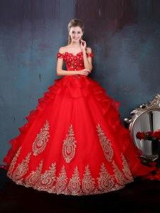Decent Off the Shoulder Sleeveless Tulle Floor Length Lace Up Quinceanera Dress in Red with Beading and Appliques and Ruffles