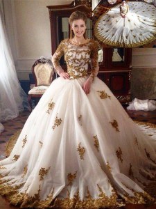 Tulle Scoop Long Sleeves Chapel Train Zipper Appliques Quinceanera Dress in White