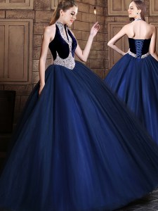 Elegant Halter Top Beading 15th Birthday Dress Navy Blue Lace Up Sleeveless Floor Length