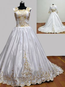 Charming Square Sleeveless With Train Embroidery Zipper 15 Quinceanera Dress with White Brush Train