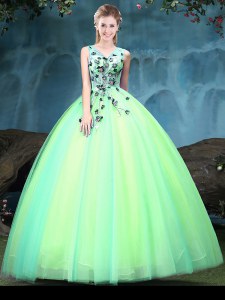 Excellent Sleeveless Tulle Floor Length Lace Up Sweet 16 Dress in Multi-color with Appliques