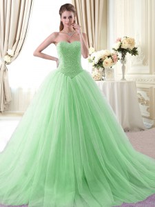 Gorgeous Apple Green Ball Gowns Tulle Sweetheart Sleeveless Beading With Train Lace Up Vestidos de Quinceanera Brush Train