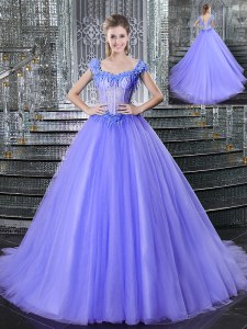 Flirting Straps Lavender Lace Up 15 Quinceanera Dress Beading Sleeveless With Brush Train