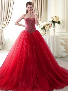 Sweetheart Sleeveless Sweet 16 Quinceanera Dress With Brush Train Beading Red Tulle