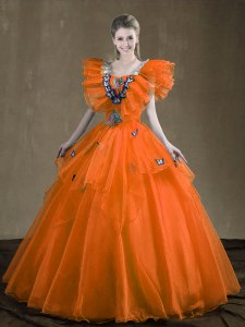 Classical Orange Red Lace Up 15th Birthday Dress Appliques and Ruffles Sleeveless Floor Length