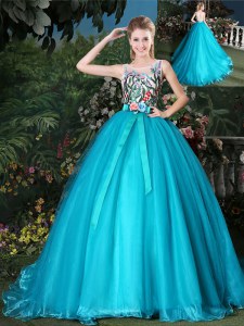 Excellent Teal Organza Zipper Scoop Sleeveless Quinceanera Gowns Brush Train Appliques and Belt