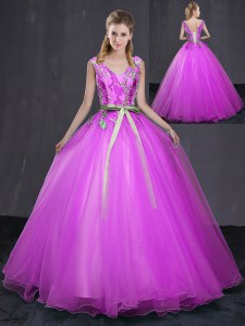 Cute Fuchsia Lace Up V-neck Appliques and Belt Quinceanera Dress Tulle Sleeveless