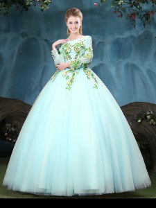 Sexy Scoop Aqua Blue Long Sleeves Tulle Lace Up 15 Quinceanera Dress for Military Ball and Sweet 16 and Quinceanera