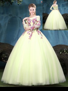 Luxurious Scoop Floor Length Yellow Green Sweet 16 Dresses Tulle Long Sleeves Appliques