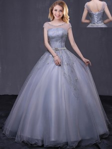 Grey Scoop Neckline Beading and Belt Quinceanera Gown Cap Sleeves Lace Up
