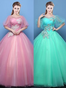 Superior Ball Gowns Quinceanera Dress Pink and Turquoise Scoop Tulle Half Sleeves Floor Length Lace Up