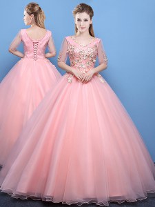 V-neck Half Sleeves Quinceanera Gown Floor Length Appliques Baby Pink Tulle