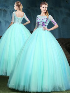Apple Green Sweet 16 Dresses Military Ball and Sweet 16 and Quinceanera and For with Appliques Scoop Half Sleeves Lace Up