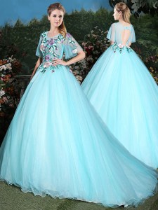 Extravagant Scoop Aqua Blue Half Sleeves Tulle Brush Train Lace Up Quinceanera Gown for Military Ball and Sweet 16 and Quinceanera