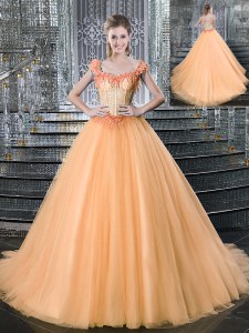 Straps Orange Ball Gowns Beading and Appliques Sweet 16 Quinceanera Dress Lace Up Tulle Sleeveless With Train